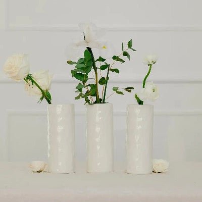 Tall Dimpled Cylindrical White Ceramic Vase - PerenniaLeigh